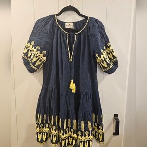 Benaras By Citrus Navy Beach Dress/Yellow Embroidery L
